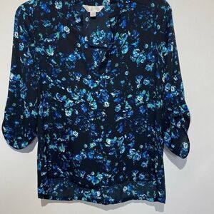 Decree Women's Navy Blue Floral V-Neck‎ 3/4 Tab Sleeve Blouse Top Size Small